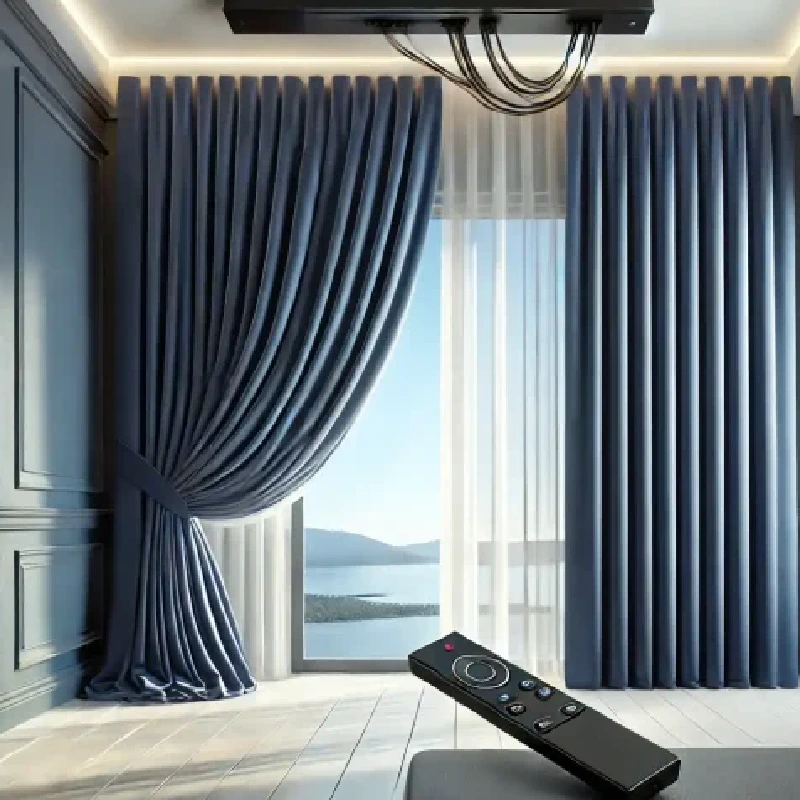 Deep-blue-motorized-curtain-tied-back-with-sheer-white-curtains-and-a-view-of-a-lake-and-mountains