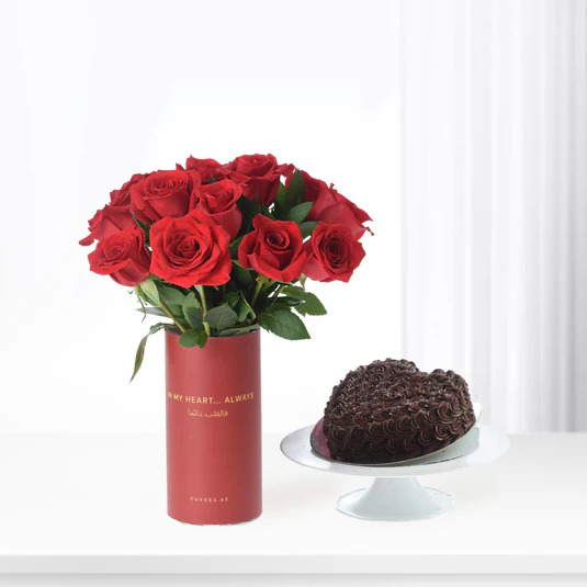 12RedRosesInLoveVasewithHeartChocolateCake